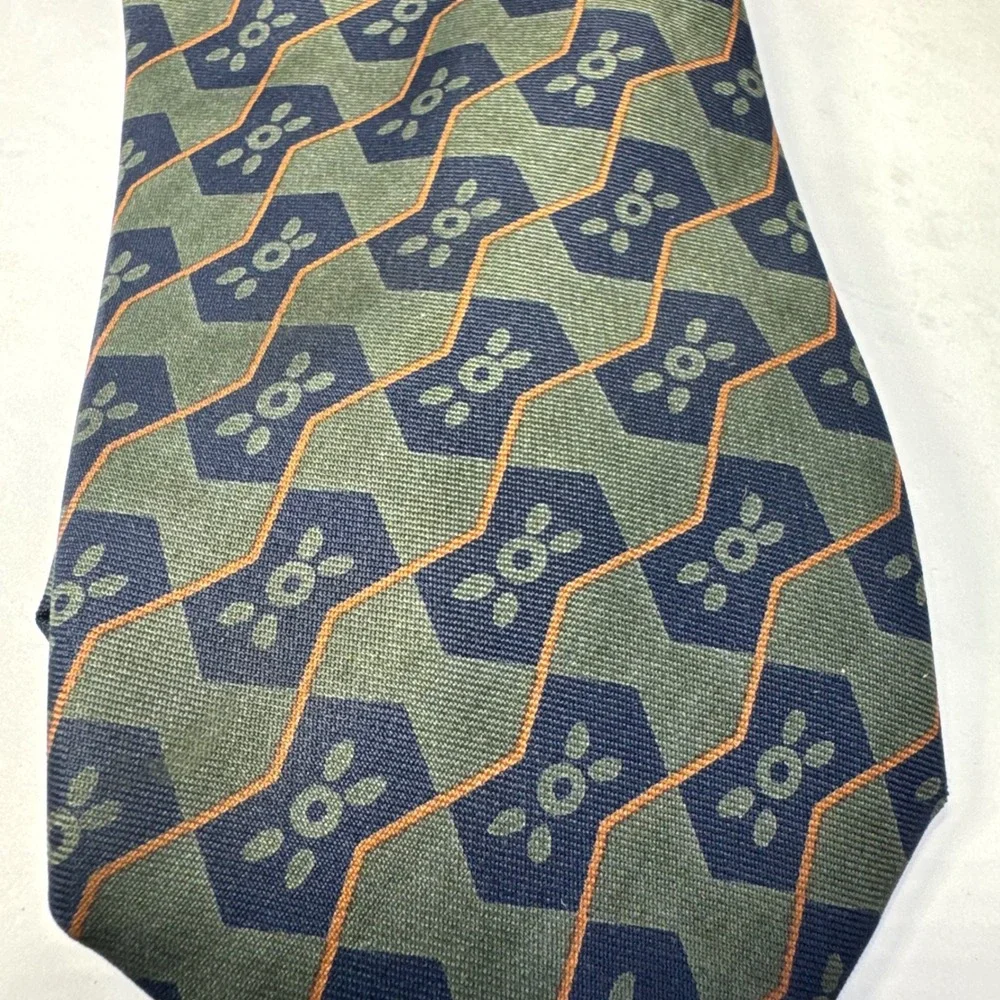 Vintage Giorgio Armani Men's Silk Necktie Green Blue Navy Geometric Classic 1980
